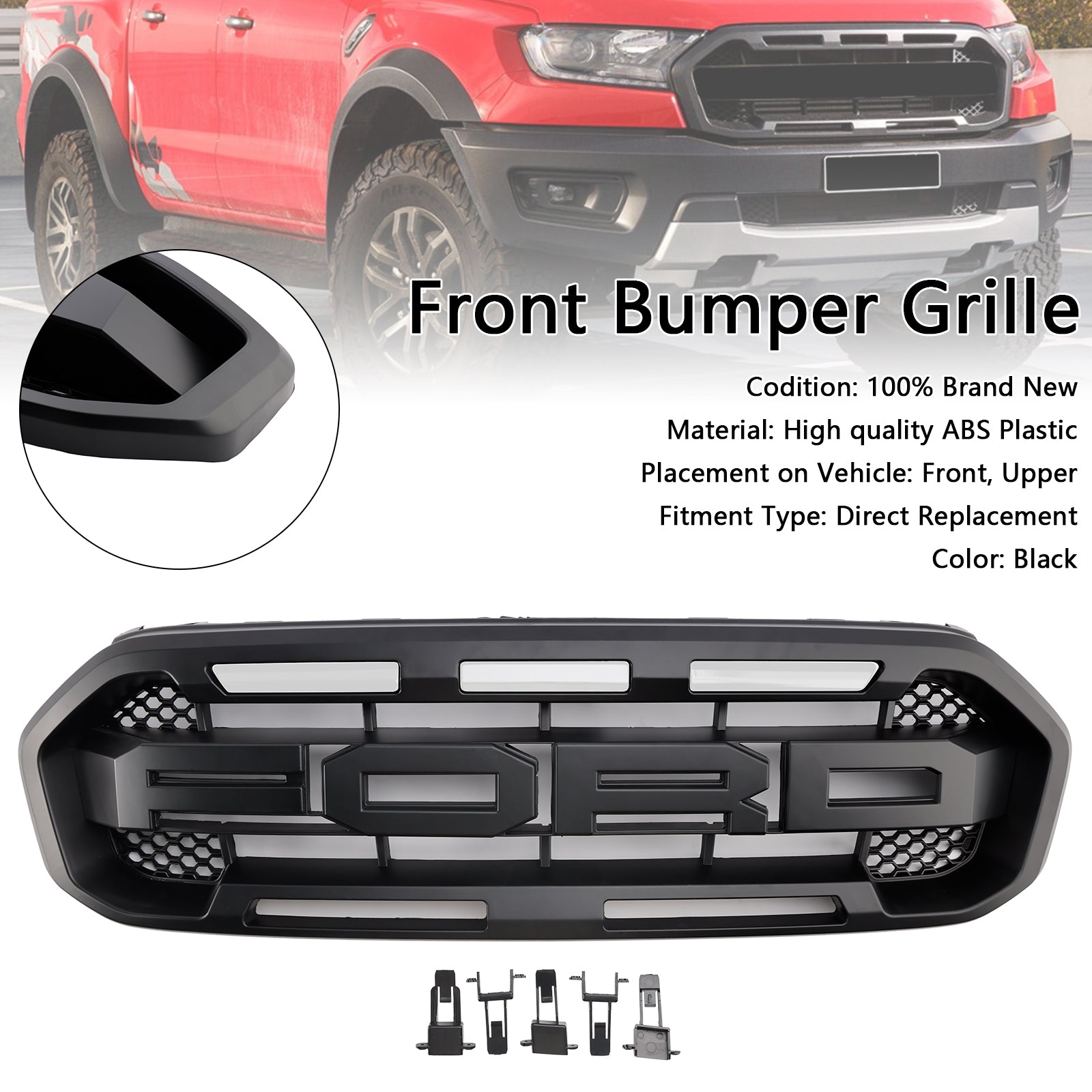 Ford Ranger 2019-2023 Raptor Style Front Grille Replacement Grill With White / Yellow LED Light