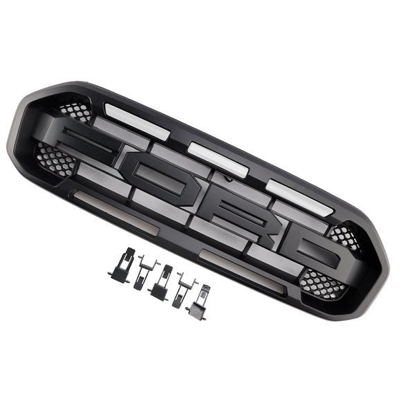 2019-2023 Ford Ranger Black Raptor Style Front Bumper Grill Black Grille W/ 3 White LED Light