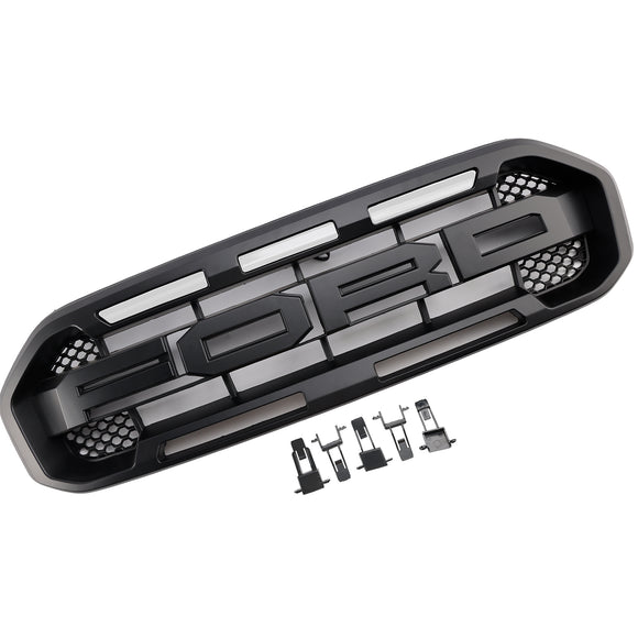 2019-2023 Ford Ranger Raptor Style Grille Front Bumper Replacement Black Grill W/ Yellow LED Light