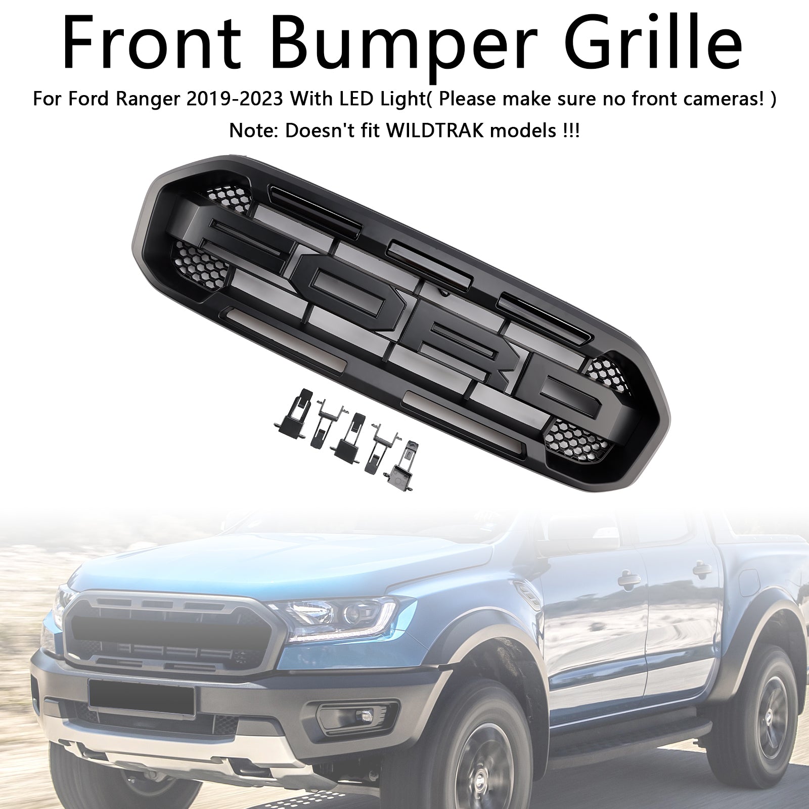 Raptor Grille For Ford Ranger 2019-2023 Front Bumper Replacement Grill W/ Yellow LED Light