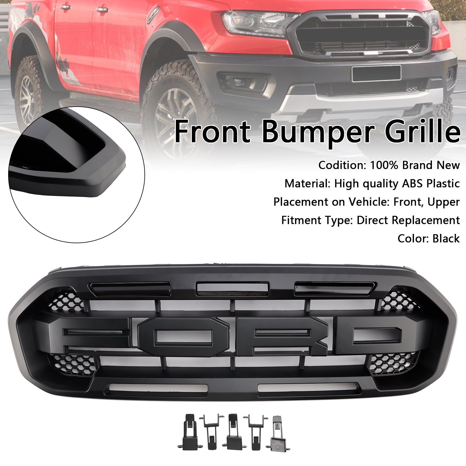 Raptor Grille For Ford Ranger 2019-2023 Front Bumper Replacement Grill W/ Yellow LED Light