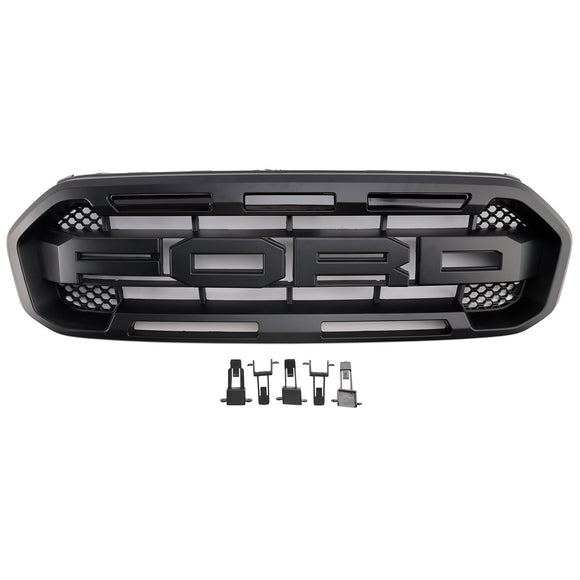 2019-2023 Ford Ranger Raptor Style Grille Front Bumper Replacement Black Grill W/ Yellow LED Light