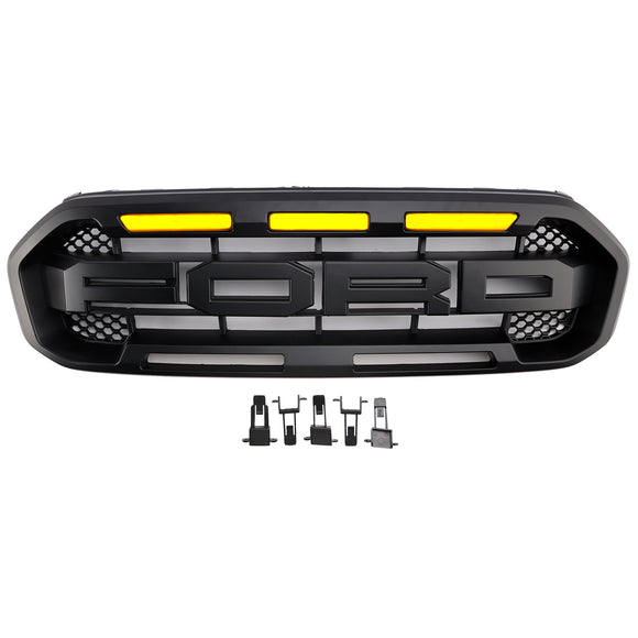 2019-2023 Ford Ranger Raptor Style Grille Front Bumper Replacement Black Grill W/ Yellow LED Light
