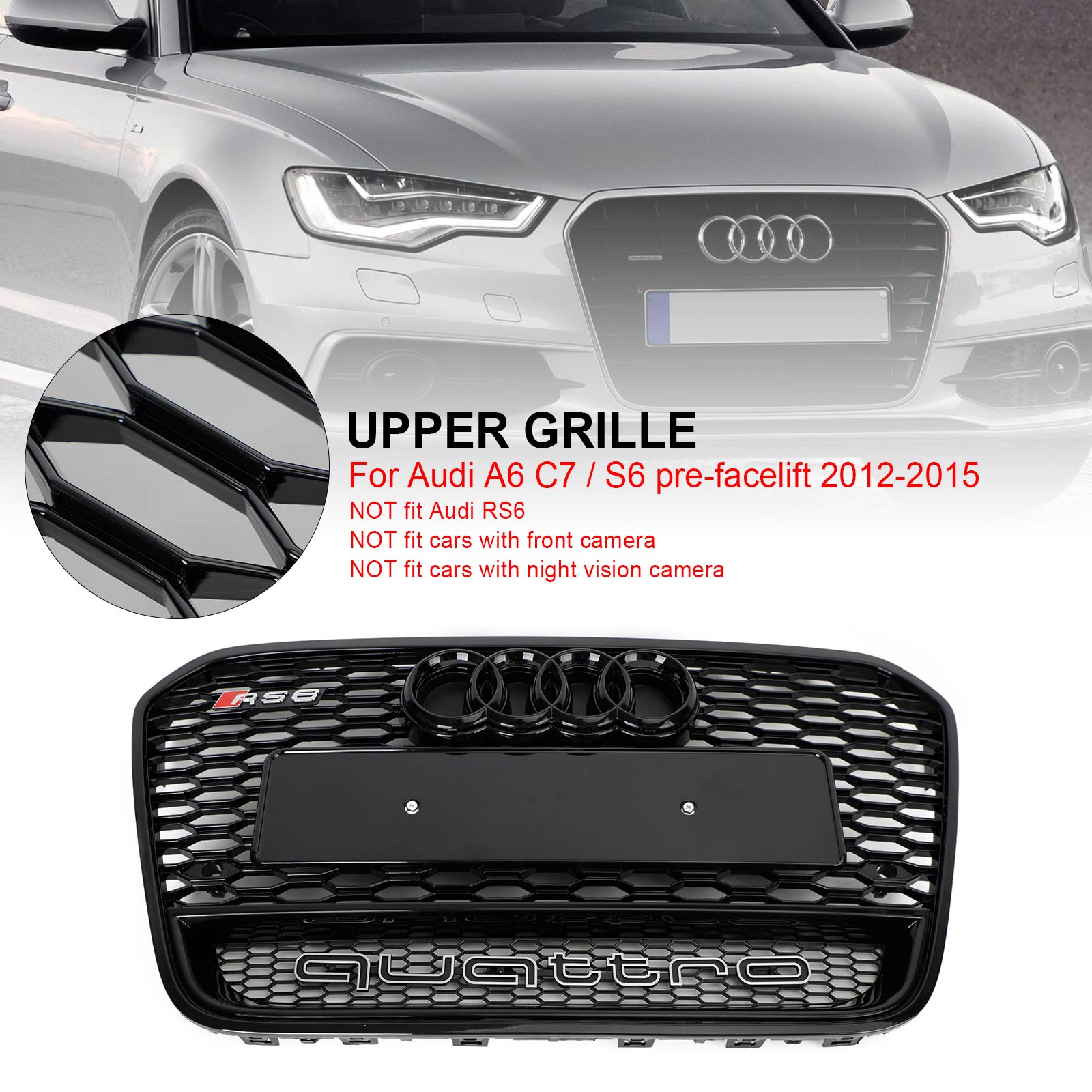 Audi 2012-2015 A6 S6 C7 Grill Replacement RS6 Style Front Mesh Honeycomb Black Grill