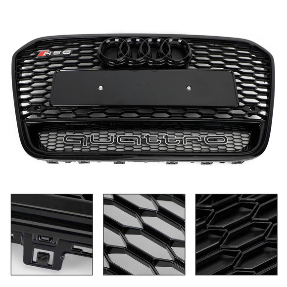 RS6 Honeycomb Grille For Audi A6 / A6 Sline / S6 C7 2012-2015 Front Bumper With Emblem Mesh Black Grill With Quattro Letter
