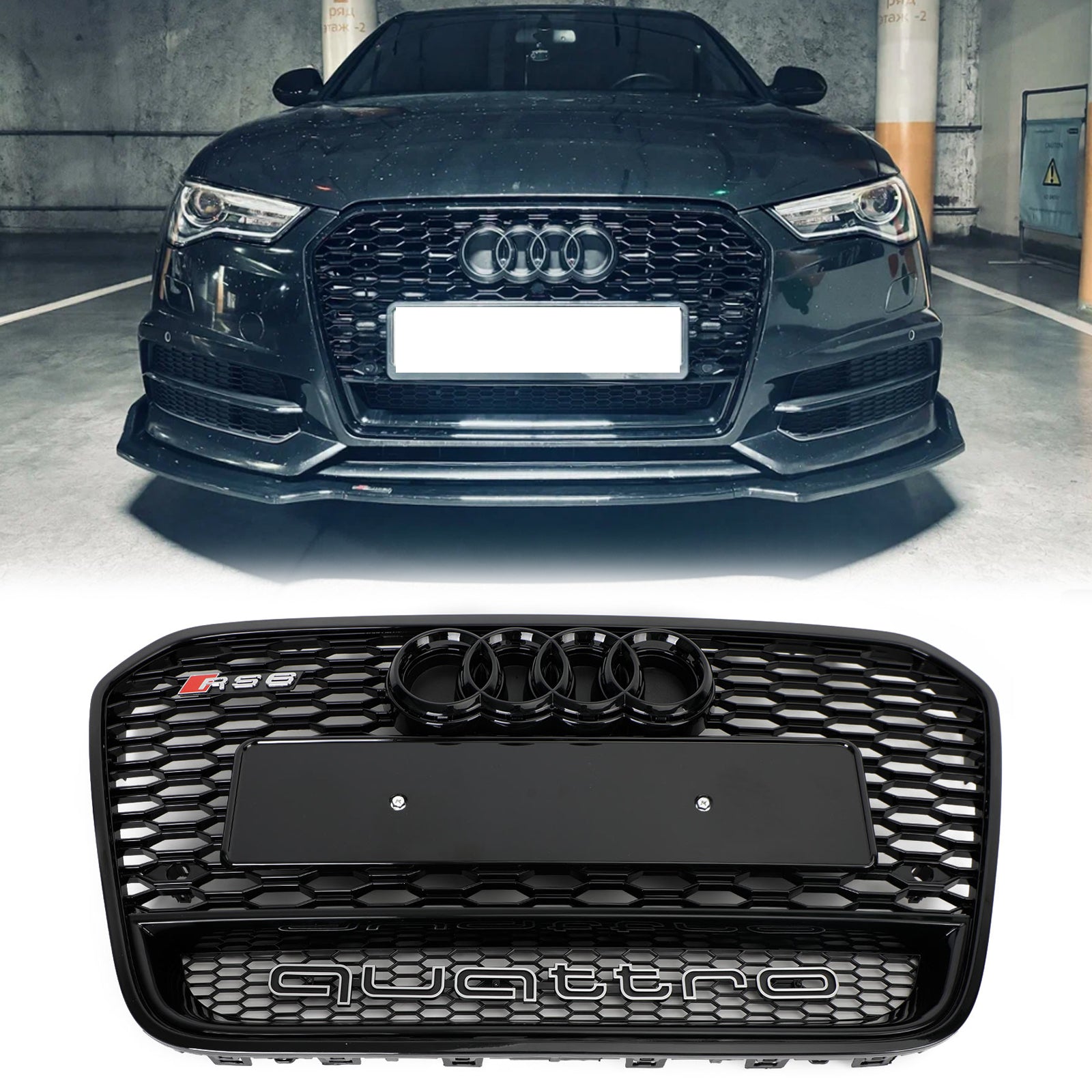 2012-2015 Audi A6 / A6 Sline / S6 C7 RS6 Style Honeycomb Grille Front Bumper Black Grill With Ring Emblem