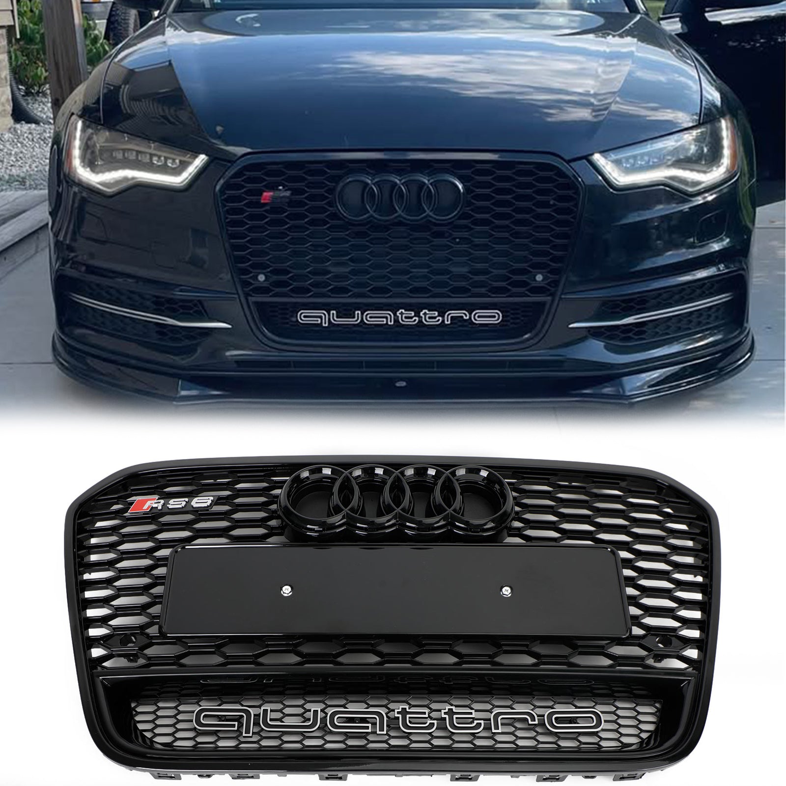 2012-2015 Audi A6 / A6 Sline / S6 C7 RS6 Style Honeycomb Grille Front Bumper Black Grill With Ring Emblem