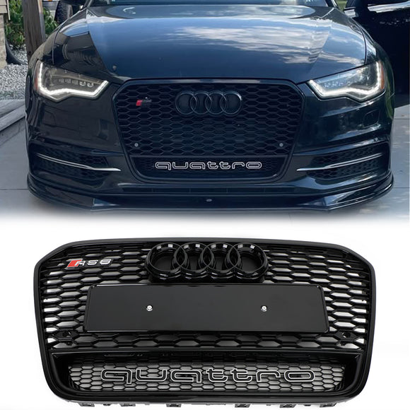 RS6 Honeycomb Grille For Audi A6 / A6 Sline / S6 C7 2012-2015 Front Bumper With Emblem Mesh Black Grill With Quattro Letter
