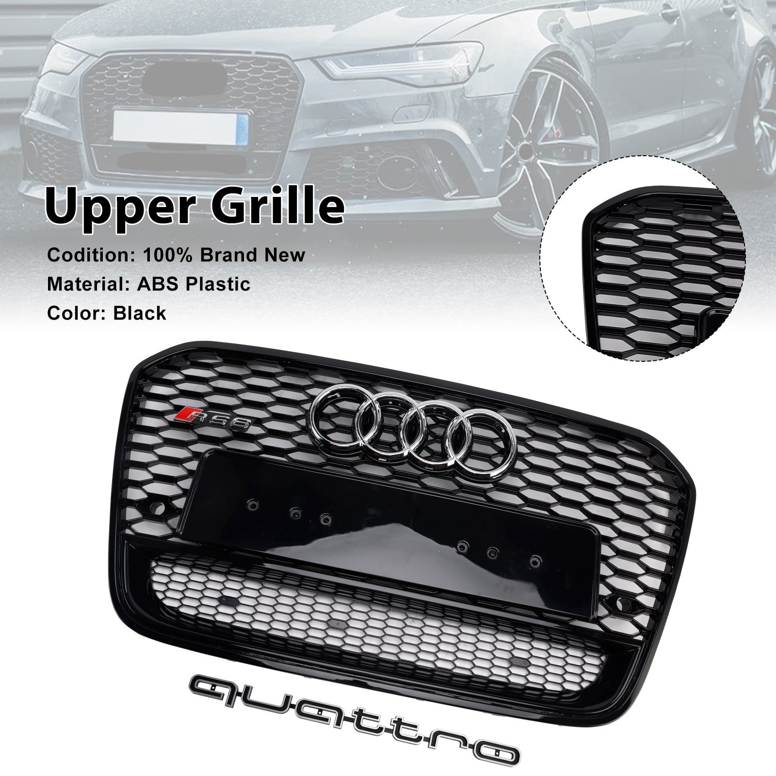 2012-2015 Audi A6 / S6 C7 RS6 Quattro Style Honeycomb Grille Front Bumper Black Grill With Ring Emblem