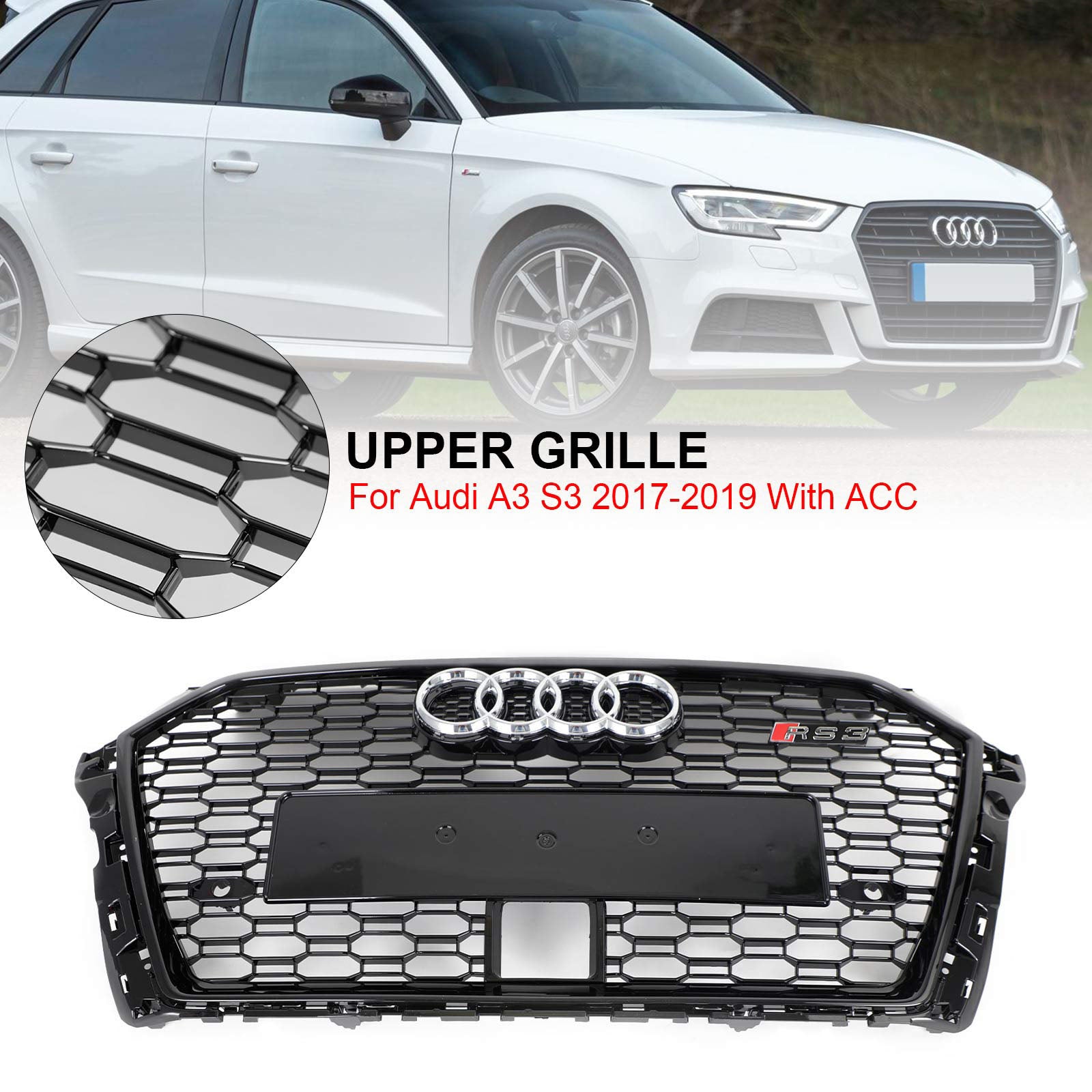 2017-2019 Audi A3 S3 Replacement RS3 Style Honeycomb Front Grill With ACC Gloss Black Grille