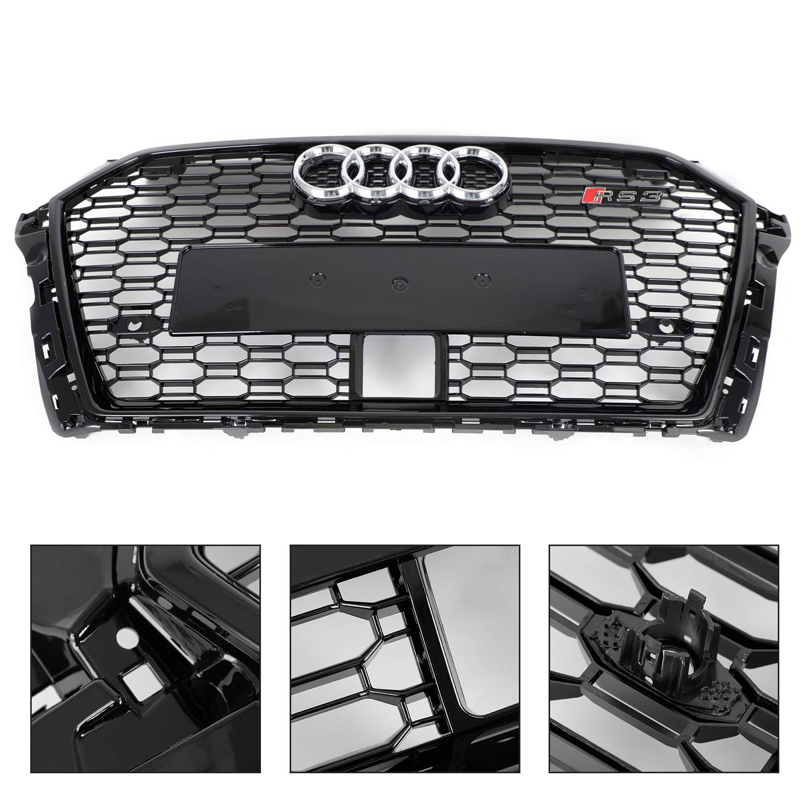 Grille de calandre avant en nid d'abeille de remplacement de style RS3 avec calandre noire brillante ACC pour Audi A3 S3 2017-2019