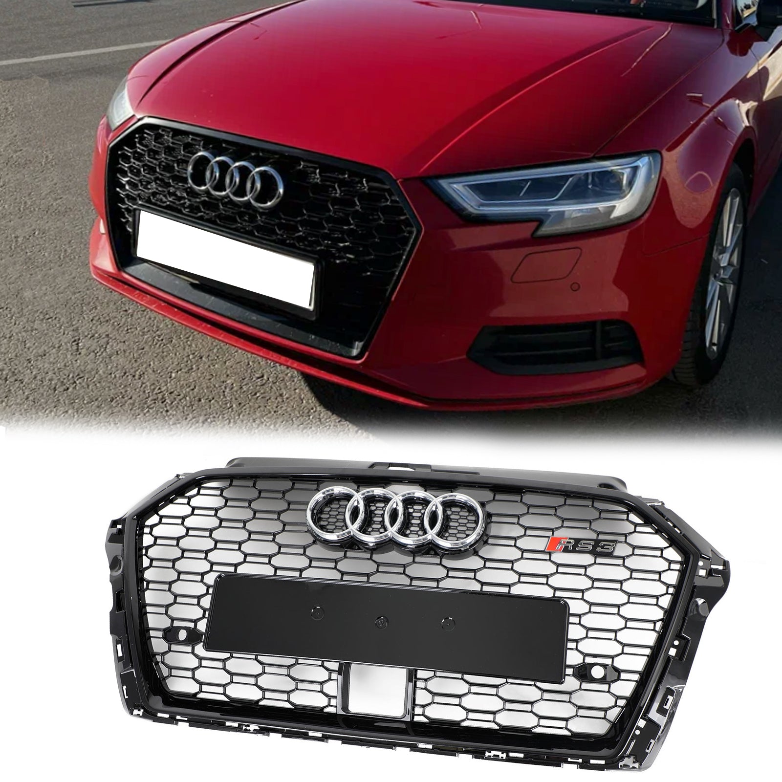 2017-2019 Audi A3 S3 Replacement RS3 Style Honeycomb Front Grill With ACC Gloss Black Grille