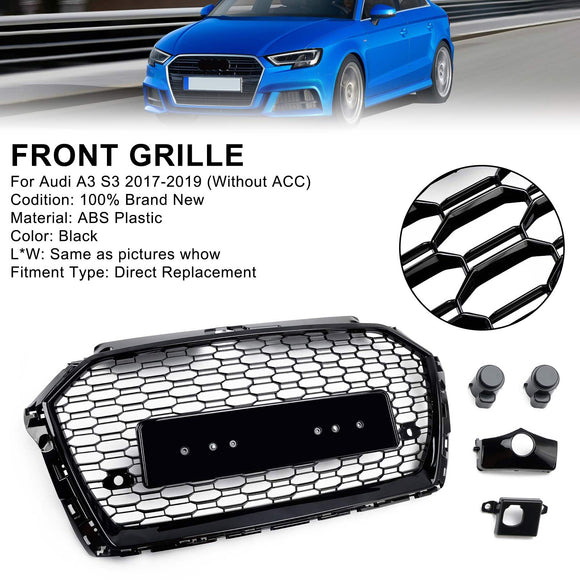 2017–2019 Audi A3/ A3 Sline/ S3 RS3 Style Wabengitter-Frontstoßstange, glänzend schwarzer Grill mit Ring-Emblem