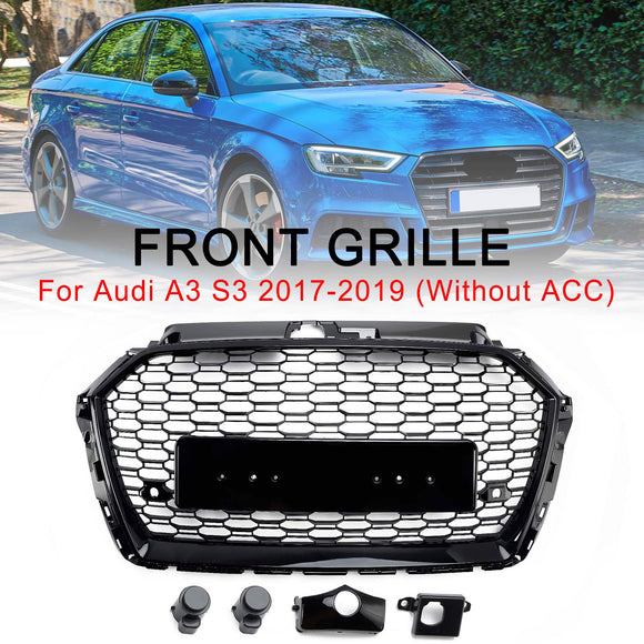 2017–2019 Audi A3/ A3 Sline/ S3 RS3 Style Wabengitter-Frontstoßstange, glänzend schwarzer Grill mit Ring-Emblem