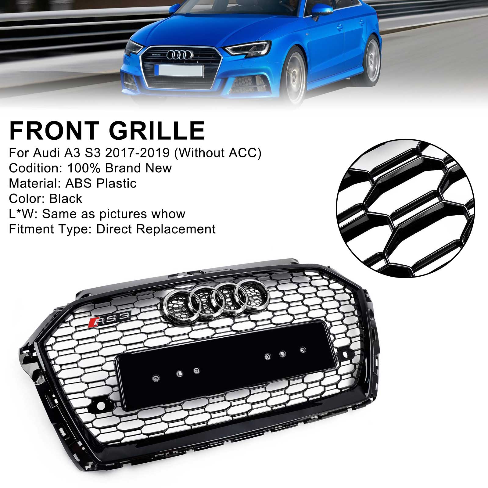 Audi A3 S3 2017-2019 Honeycomb Mesh Front Bumper Grille Replacement Black Grill