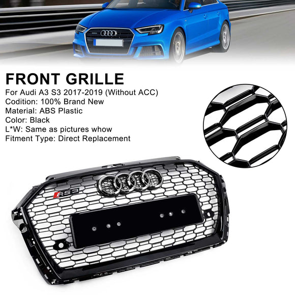 2017-2019 Audi A3/ A3 Sline/ S3 RS3 Style Honeycomb Mesh Grille Front Bumper Glossy Black Grill With Ring Emblem