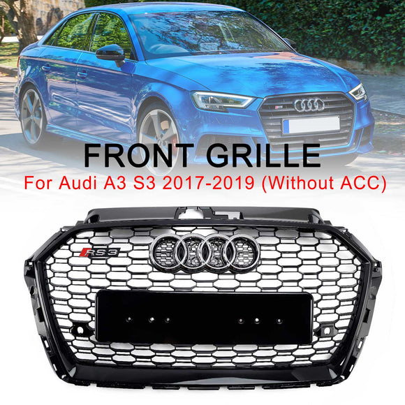 2017-2019 Audi A3/ A3 Sline/ S3 RS3 Style Honeycomb Mesh Grille Front Bumper Glossy Black Grill With Ring Emblem