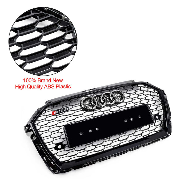 2017-2019 Audi A3/ A3 Sline/ S3 RS3 Style Honeycomb Mesh Grille Front Bumper Glossy Black Grill With Ring Emblem