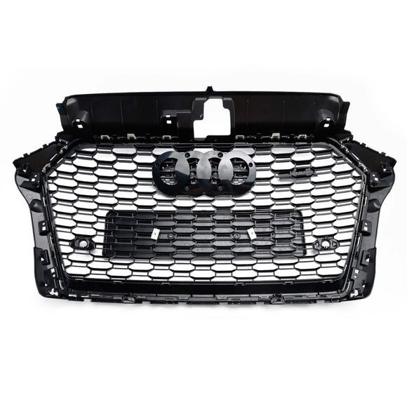 2017-2019 Audi A3/ A3 Sline/ S3 RS3 Style Honeycomb Mesh Grille Front Bumper Glossy Black Grill With Ring Emblem