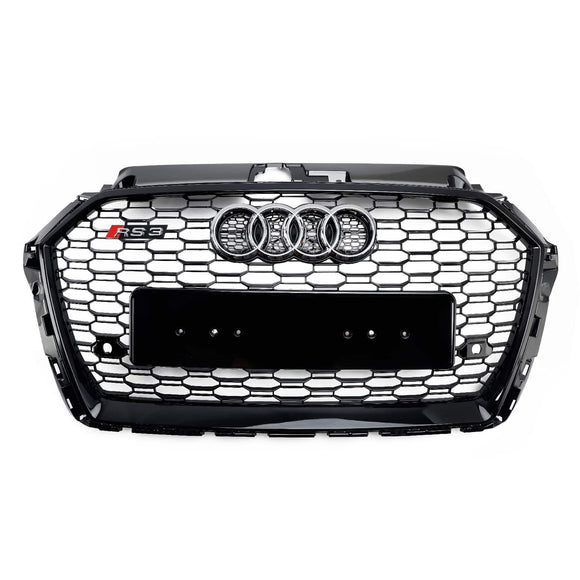 2017-2019 Audi A3/ A3 Sline/ S3 RS3 Style Honeycomb Mesh Grille Front Bumper Glossy Black Grill With Ring Emblem