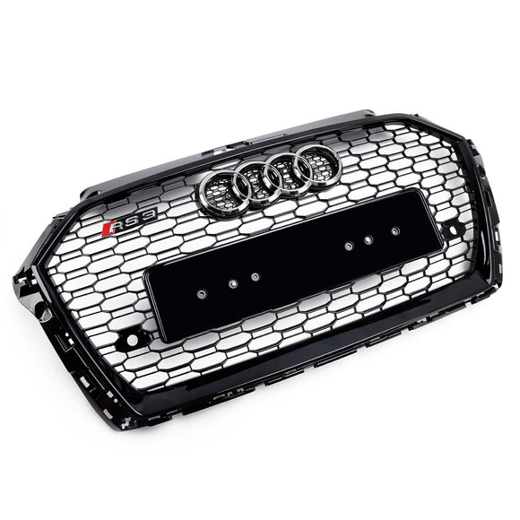2017-2019 Audi A3/ A3 Sline/ S3 RS3 Style Honeycomb Mesh Grille Front Bumper Glossy Black Grill With Ring Emblem