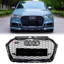 2017-2019 Audi A3/ A3 Sline/ S3 RS3 Style Honeycomb Mesh Grille Front Bumper Glossy Black Grill With Ring Emblem-1