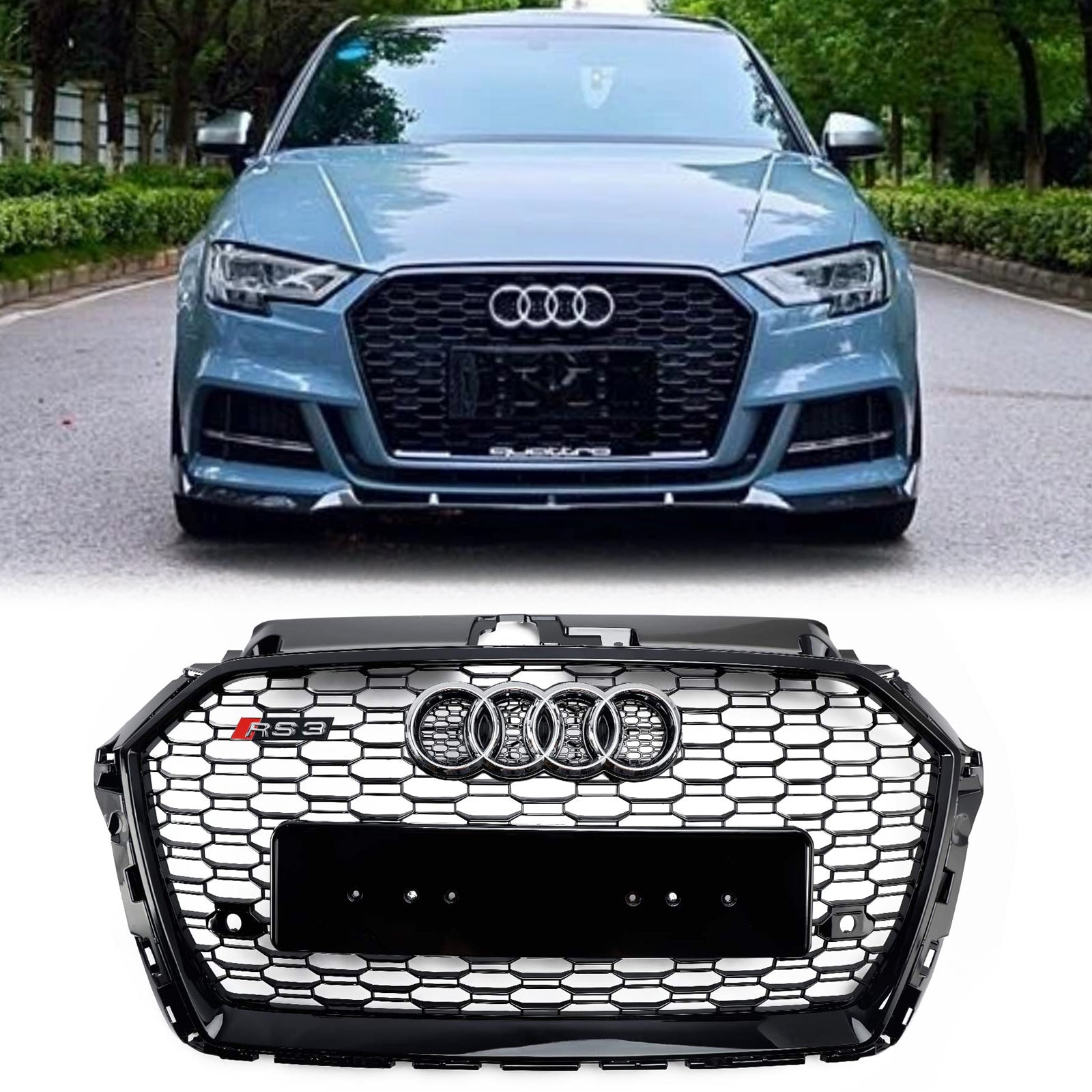 Audi A3 S3 2017-2019 Honeycomb Mesh Front Bumper Grille Replacement Black Grill