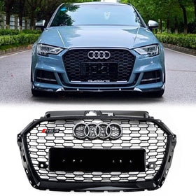 2017-2019 Audi A3/ A3 Sline/ S3 RS3 Style calandre en nid d'abeille pare-chocs avant calandre noire brillante avec emblème d'anneau