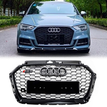 2017-2019 Audi A3/A3 Sline/S3 RS3 Stile Griglia a nido d'ape Griglia Paraurti anteriore Griglia nera lucida con emblema ad anello