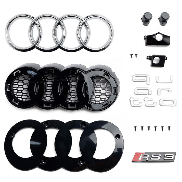 2017-2019 Audi A3/ A3 Sline/ S3 RS3 Style Honeycomb Mesh Grille Front Bumper Glossy Black Grill With Ring Emblem