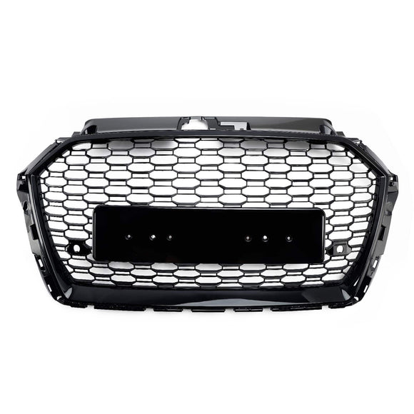2017-2019 Audi A3/ A3 Sline/ S3 RS3 Style Honeycomb Mesh Grille Front Bumper Glossy Black Grill With Ring Emblem