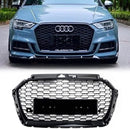 2017–2019 Audi A3/ A3 Sline/ S3 RS3 Style Wabengitter-Frontstoßstange, glänzend schwarzer Grill mit Ring-Emblem-1