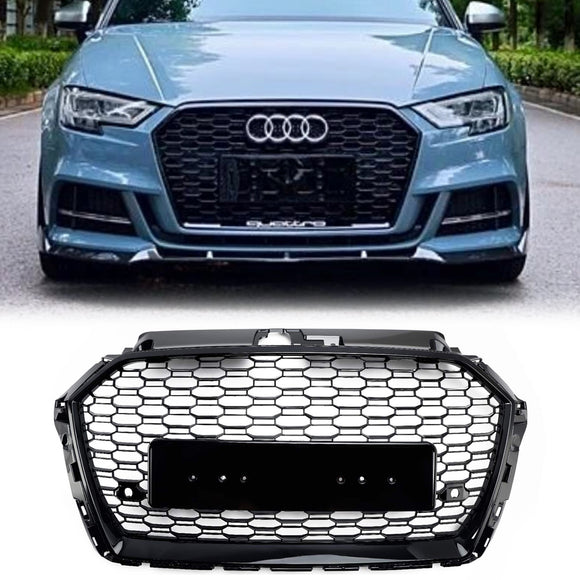 2017–2019 Audi A3/ A3 Sline/ S3 RS3 Style Wabengitter-Frontstoßstange, glänzend schwarzer Grill mit Ring-Emblem
