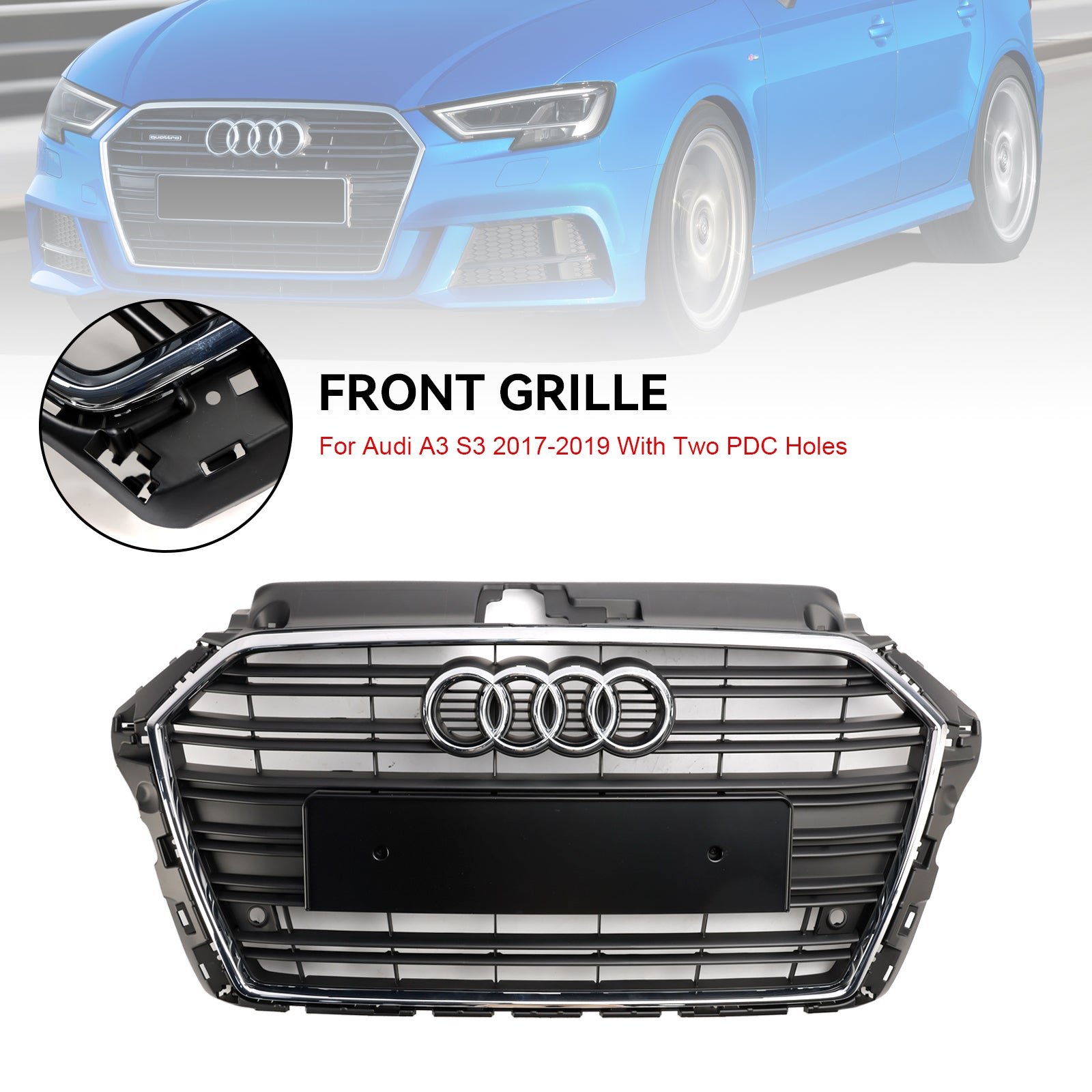 2017-2019 Audi A3 / S3 Front Bumper Horizontal Slat Grill Chrome Grill