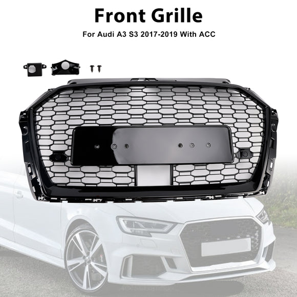 2017-2019 Audi A3 S3 Replacement RS3 Style Honeycomb Front Grill With ACC Gloss Black Grille
