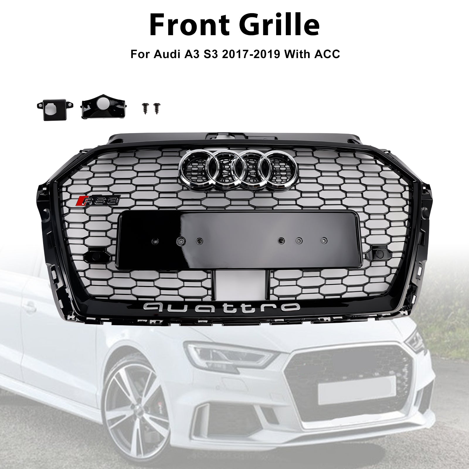 Audi A3/S3 2017-2019 Griglia stile RS3 a nido d'ape per paraurti anteriore con foro ACC