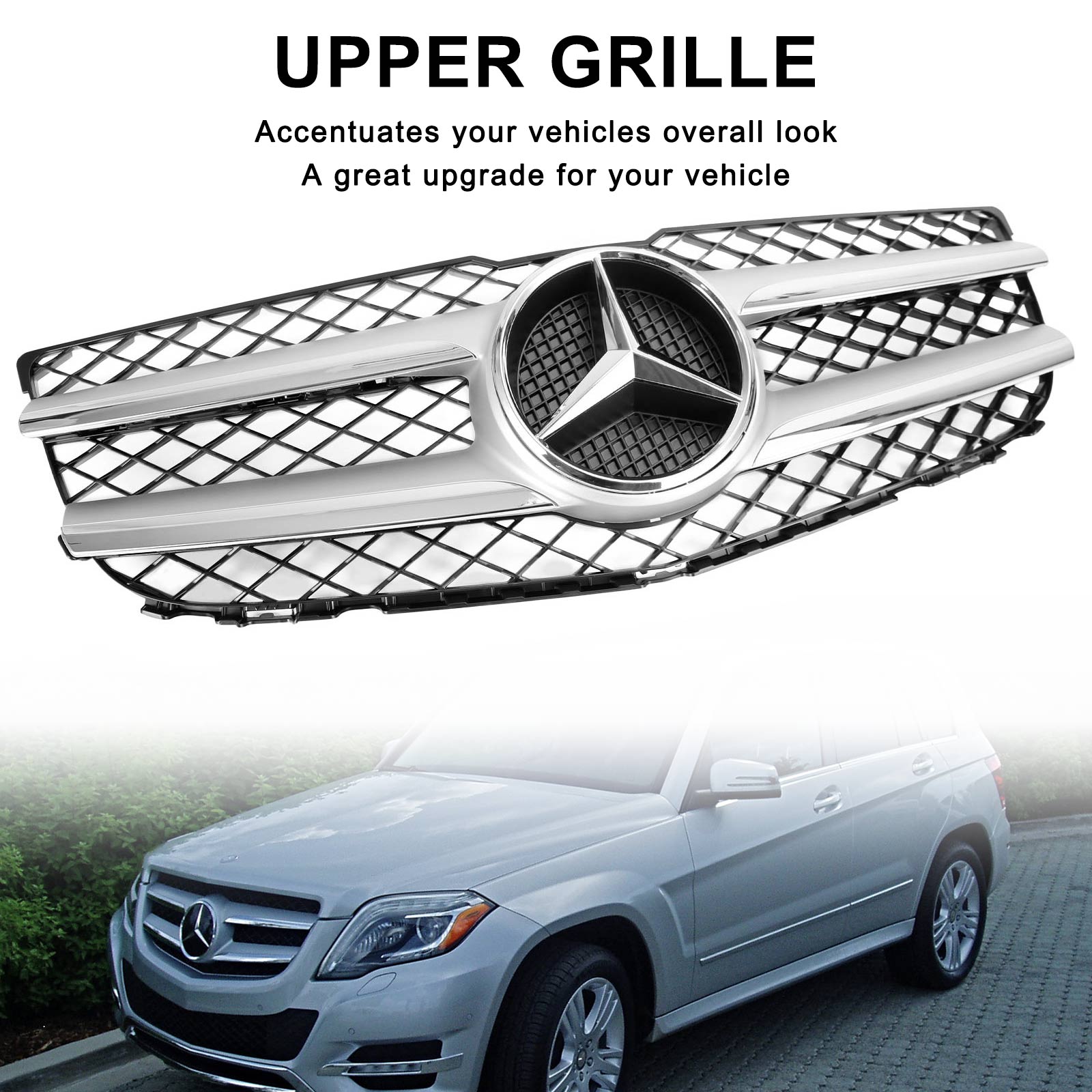 Mercedes-Benz GLK-Class X204 2013-2015 Chrome Front Grill Upper Bumper Replacement W/ Star Emblem Grille