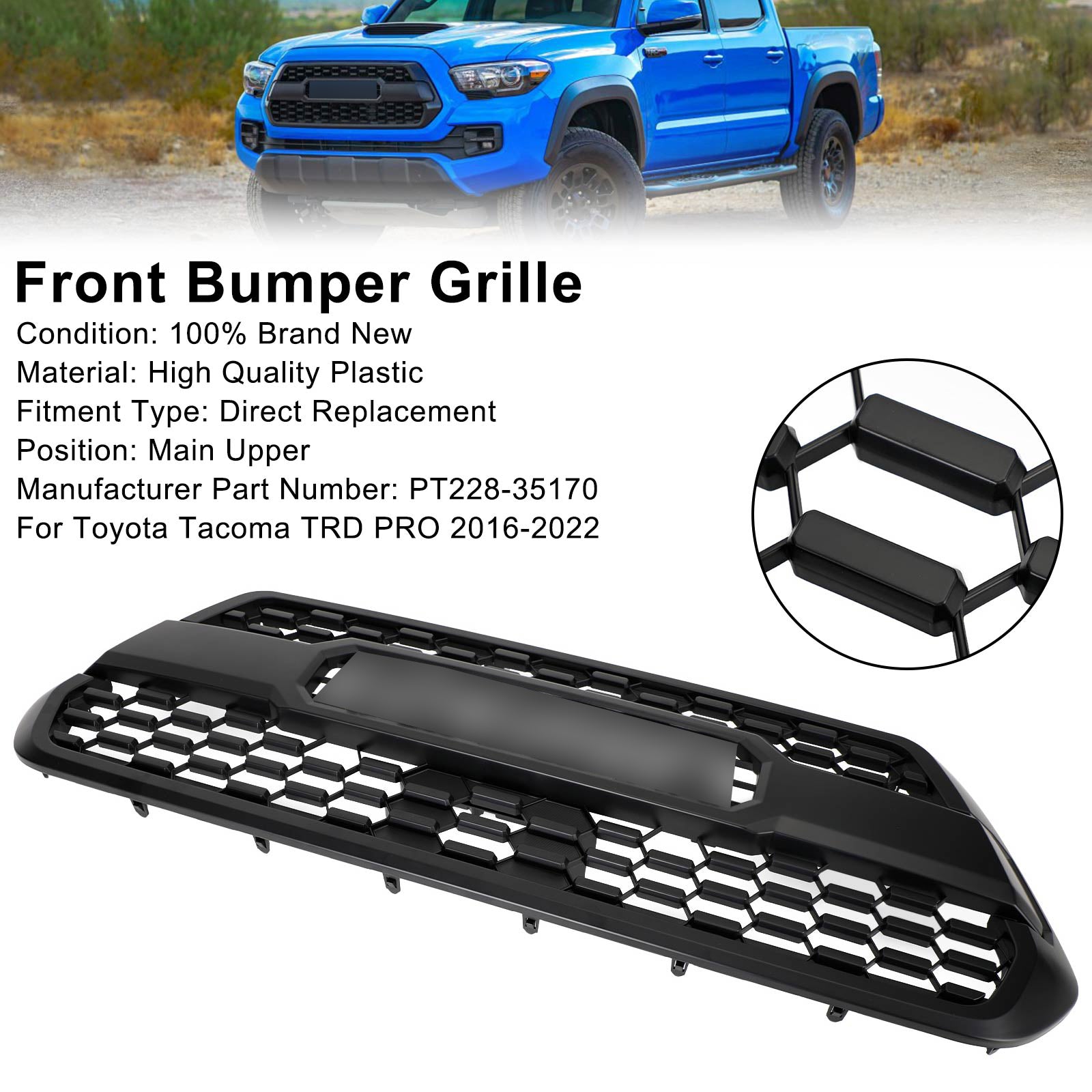 TRD Pro Grill per la griglia del paraurti anteriore Toyota Tacoma 2016-2023 con lettera grigia