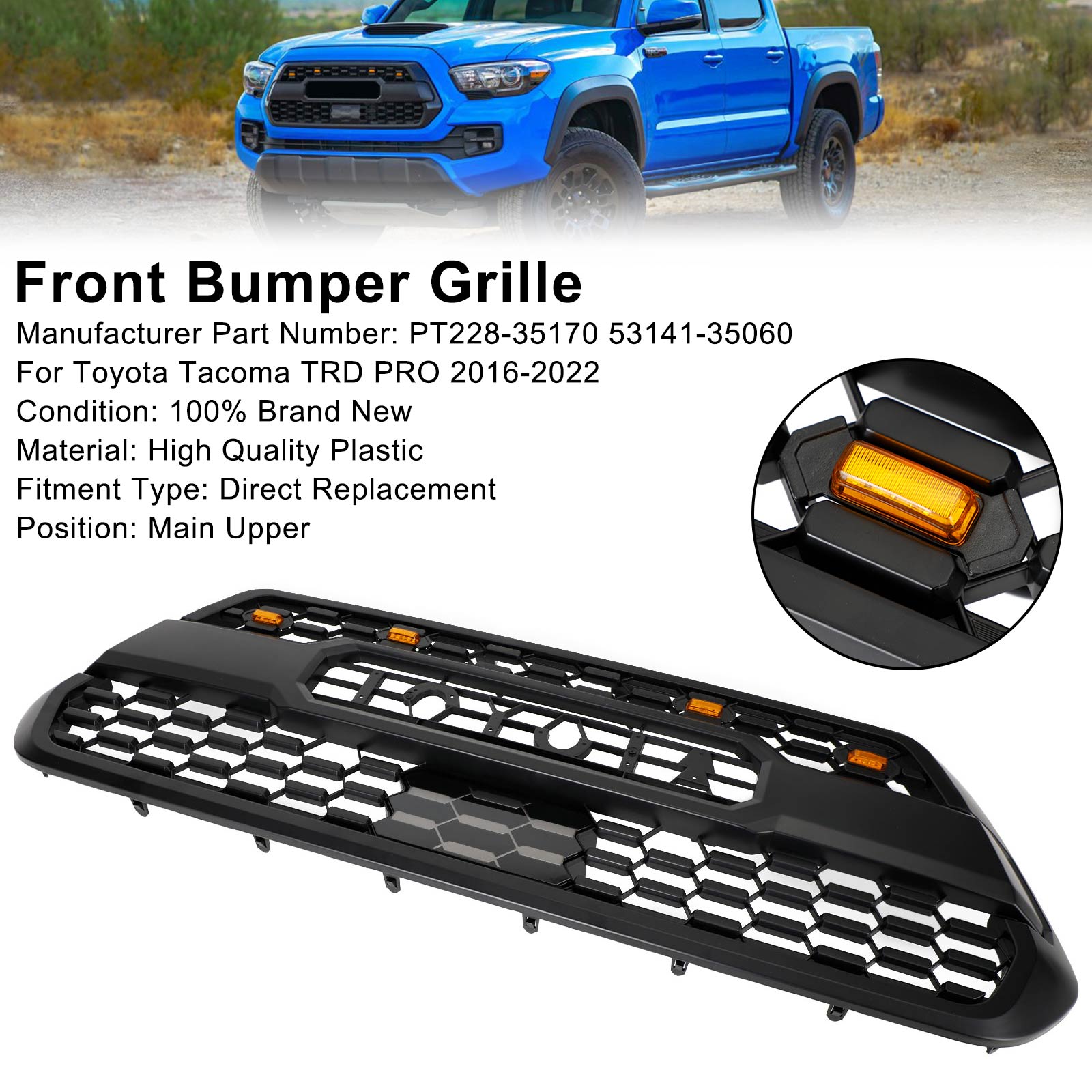 Kit de parrilla delantera con luces LED de repuesto para Toyota Tacoma TRD Pro 2016-2023