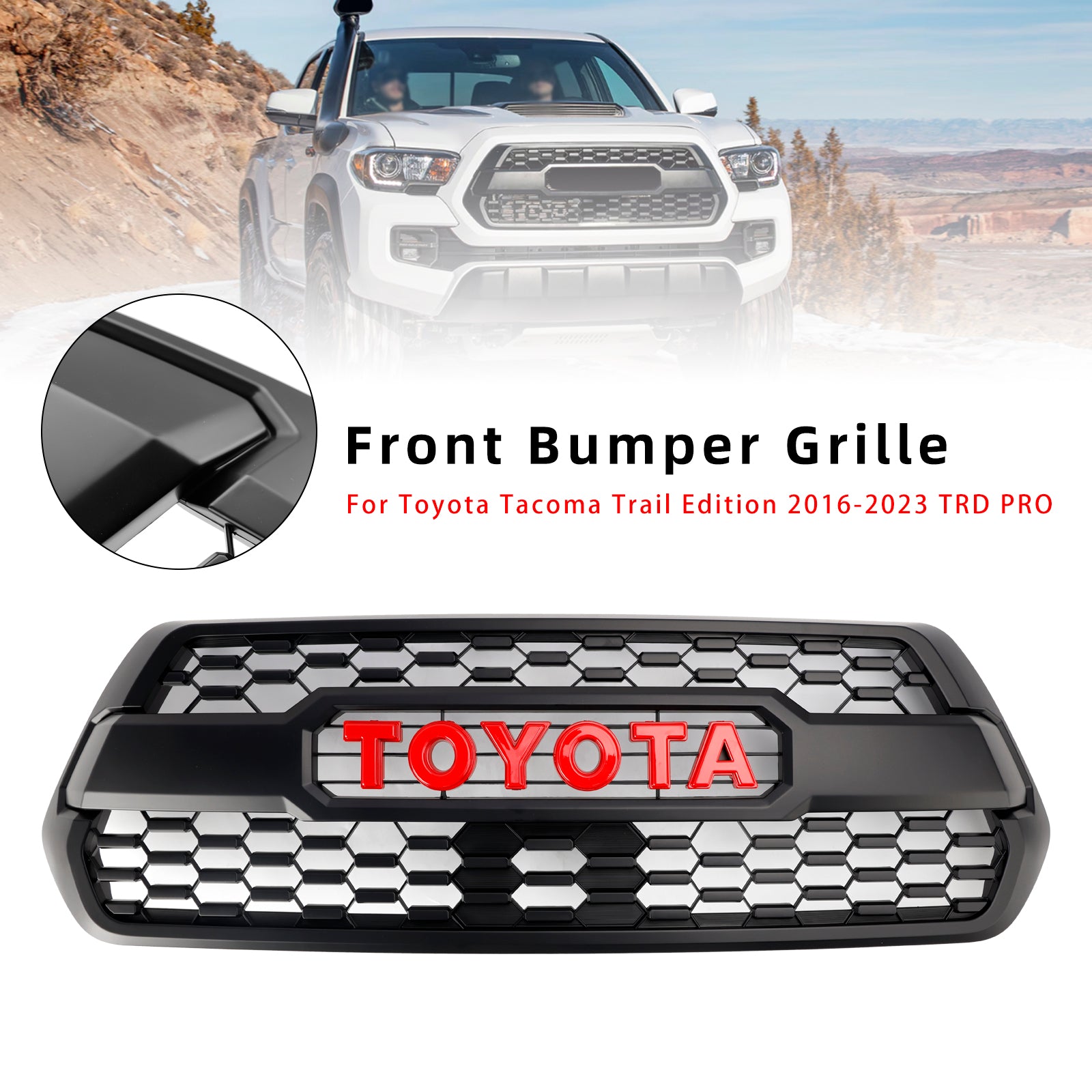 2016-2023 Toyota Tacoma Trd Pro Red Grille Front Bumper Grill + Red Letter