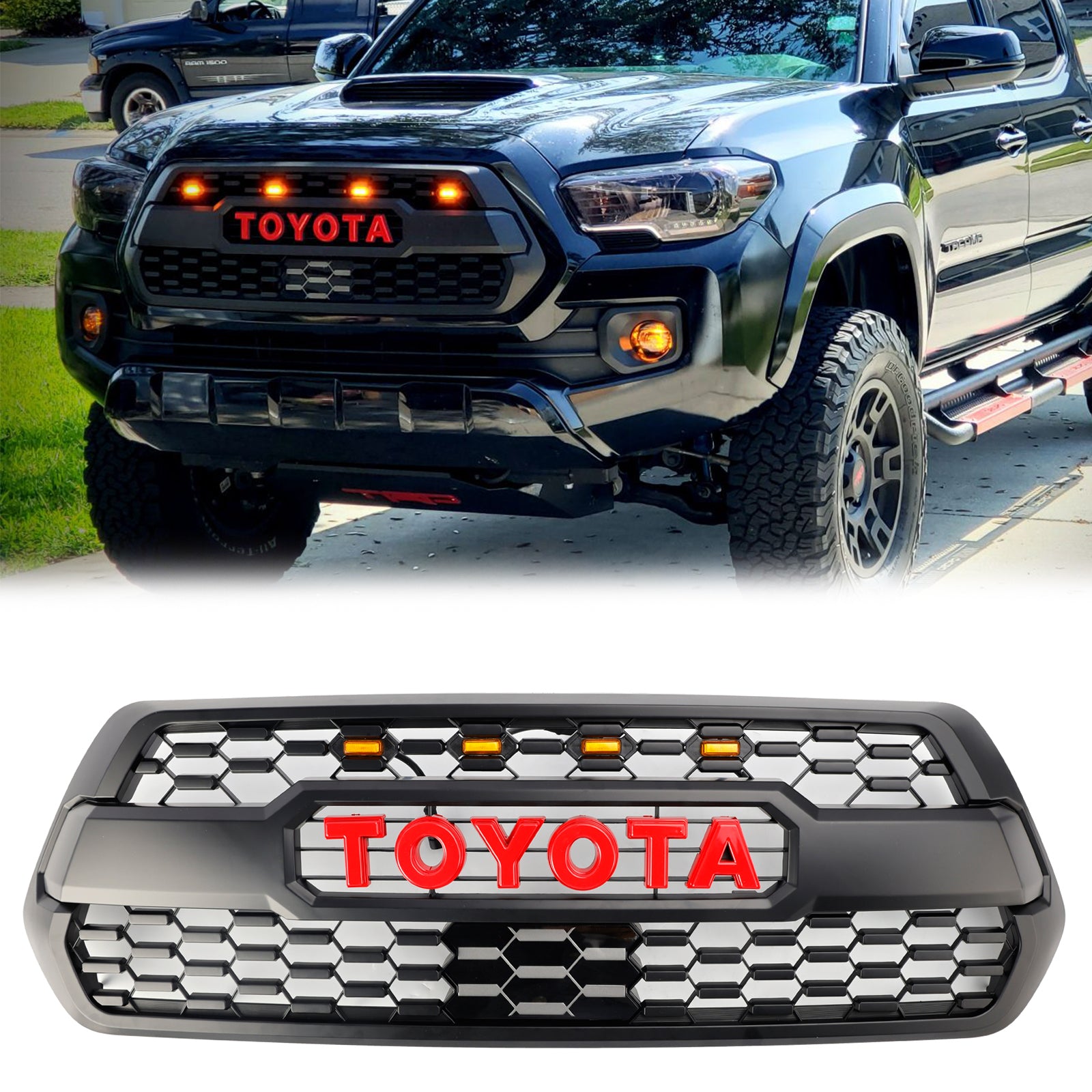 Kit de rejilla de repuesto para parachoques delantero estilo TRD PRO de Toyota Tacoma 2016-2023 con luz LED, color negro