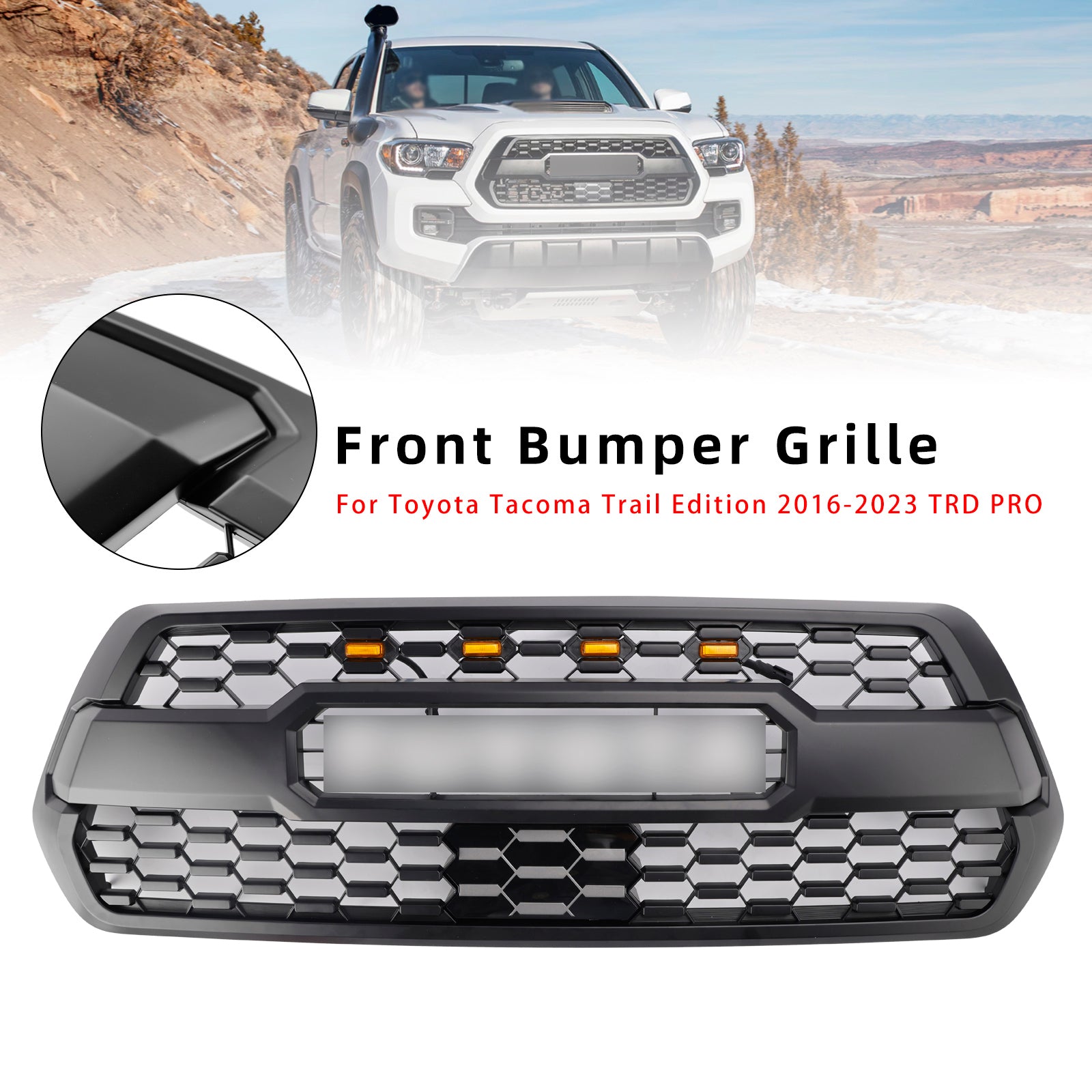 TRD Pro Style Grill per Toyota Tacoma 2016-2023 Grille White Letter + 4 LED AMBER LED + Copertina del sensore