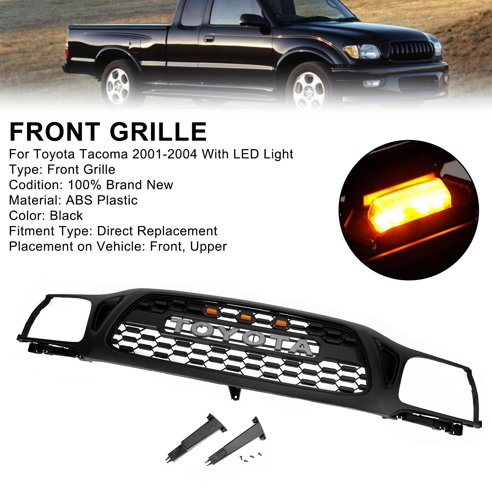 Grille de pare-chocs avant en nid d'abeille Toyota Tacoma 2001-2004 Grille noire de style TRO PRO avec éclairage LED