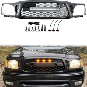 2001-2004 Toyota Tacoma Honeycomb Front Bumper Grill TRO PRO Style Black Grille With LED Light + TOYOTA Letter