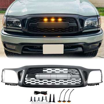 Style TRO PRO | Toyota Tacoma | Calandre noire mate | 2001 2002 2003 2004 | Grille de pare-chocs avant + lumière LED + lettre TOYOTA