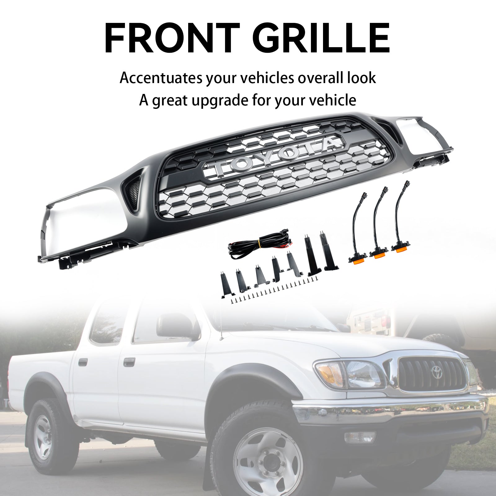 Parrilla delantera tipo panal de abeja para Toyota Tacoma 2001-2004, estilo TRO PRO, color negro, con luz LED