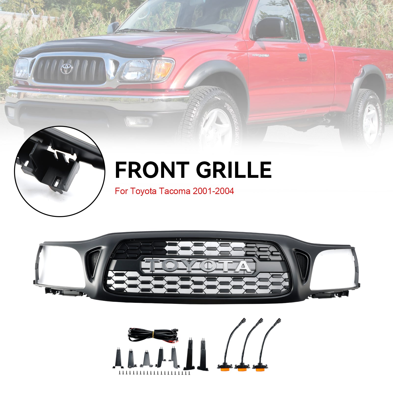 TRO PRO Style | Toyota Tacoma | Matt Black Grille | 2001 2002 2003 2004 | Front Bumper Grille + LED Light + Letter