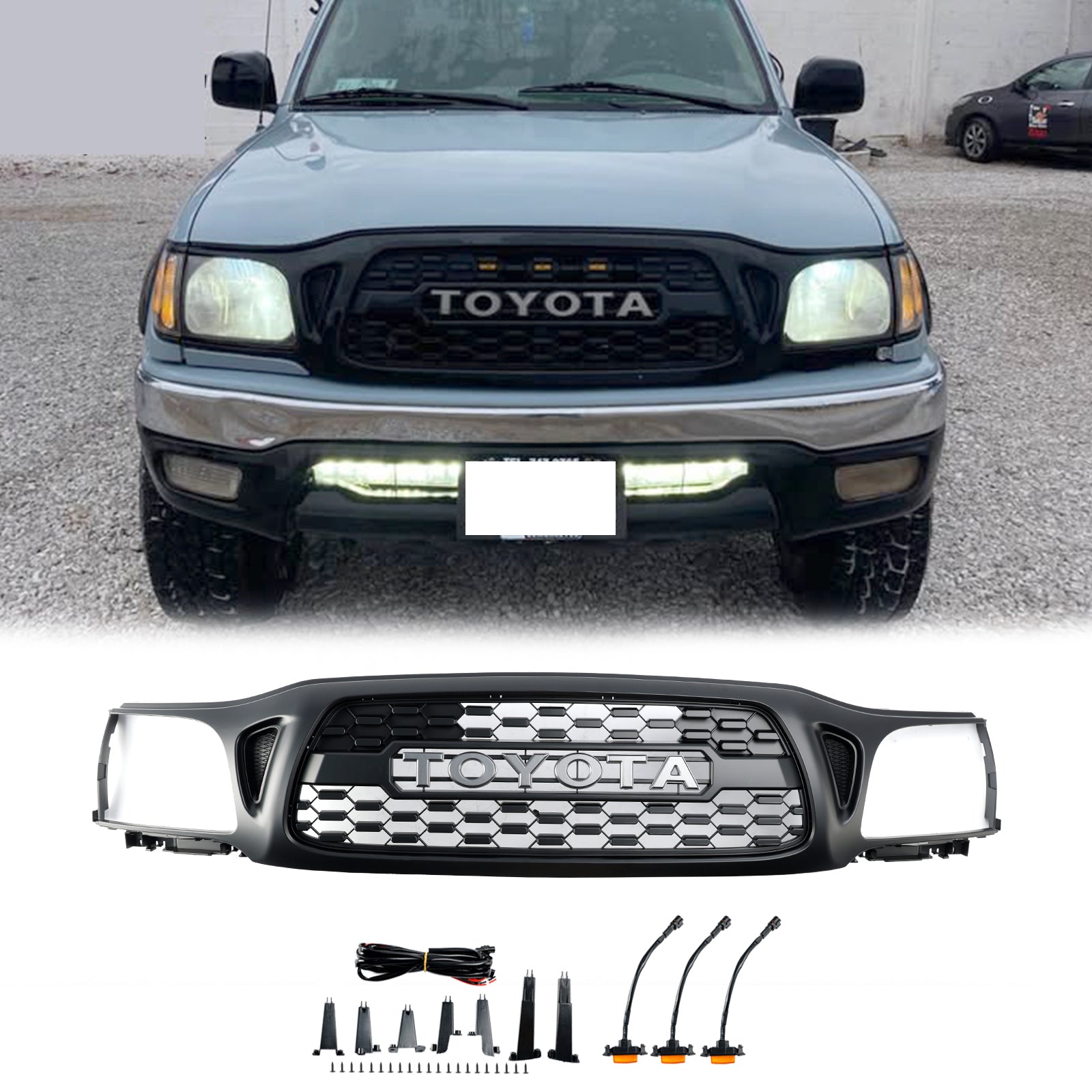 Parrilla delantera tipo panal de abeja para Toyota Tacoma 2001-2004, estilo TRO PRO, color negro, con luz LED