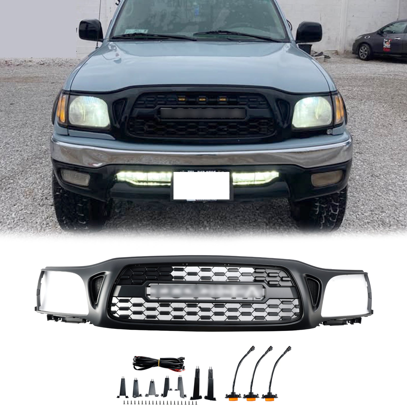 2001-2004 Toyota Tacoma Honeycomb Bumper Grill Tro Pro Style Black Black avec lumière LED