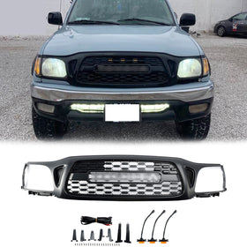 2001-2004 Toyota Tacoma Honeycomb Front Bumper Grill TRO PRO Style Black Grille With LED Light